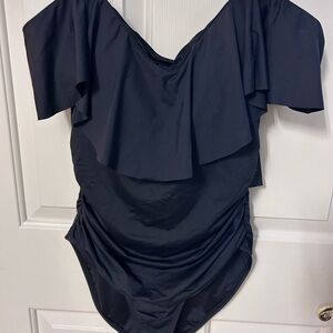 La Blanca Blue Ruched Off-Shoulder one piece swim suit